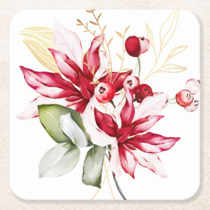 Posavasos Cuadrado De Papel Flores acuáticas de poinsettia roja feriado de inv