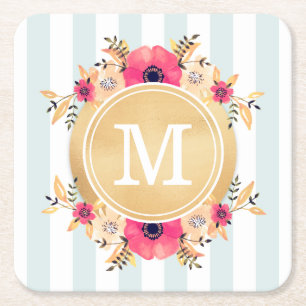 Posavasos Cuadrado De Papel Flores acuáticas de tiras de tinta Monograma de or