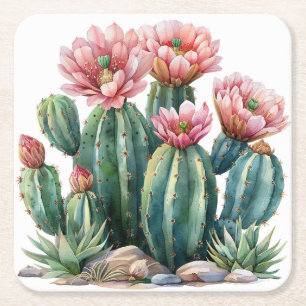 Posavasos Cuadrado De Papel Flores acuáticas del desierto cactus.