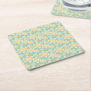 Posavasos Cuadrado De Papel Flores Amarillas de Primavera sobre Verde