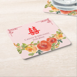 Posavasos Cuadrado De Papel Flores amarillas naranjas boda china