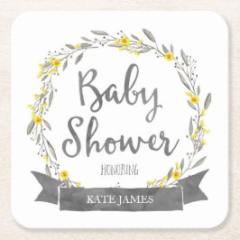 Posavasos Cuadrado De Papel Flores amarillas y hojas grises florieron Baby Sho