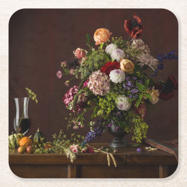 Posavasos Cuadrado De Papel Flores | Arreglo floral (Anverso)