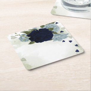 Posavasos Cuadrado De Papel flores azul marino y azul polvoriento con vegetaci