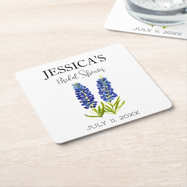 Posavasos Cuadrado De Papel Flores azules de flores silvestres Ducha de novia (En perspectiva)