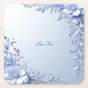 Posavasos Cuadrado De Papel Flores Azules Ornamentadas con Perlas Coaster de P
