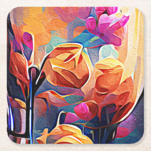 Posavasos Cuadrado De Papel Flores azules rojas Naranja de arte Abstracto flor