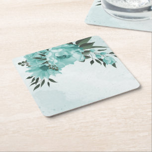 Posavasos Cuadrado De Papel flores azules románticas y hojas verdes