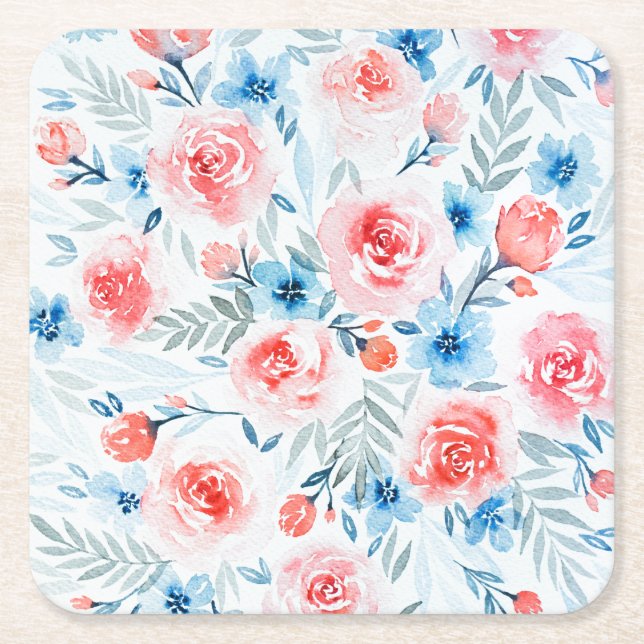 Posavasos Cuadrado De Papel Flores Azules Roses Rosa Patrón Floral acuarela (Anverso)