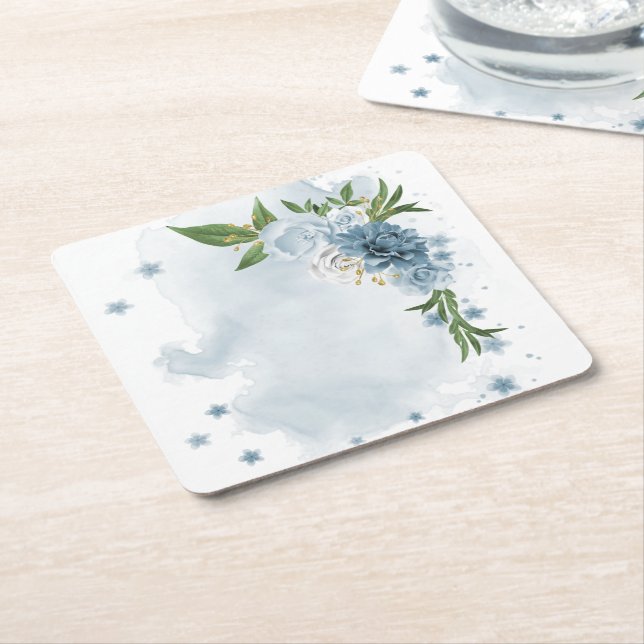 Posavasos Cuadrado De Papel flores azules y blancas botánicas (En perspectiva)