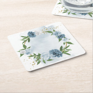 Posavasos Cuadrado De Papel flores azules y blancas botánicas