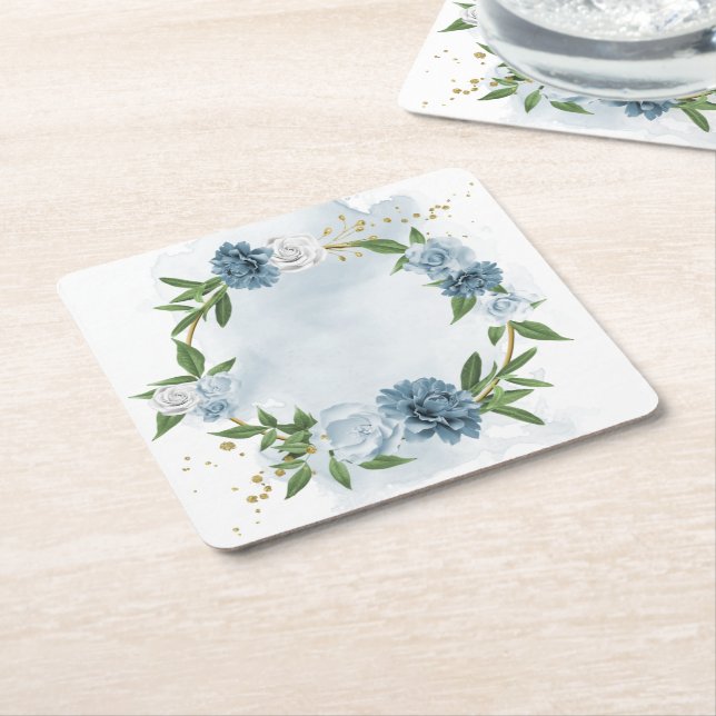 Posavasos Cuadrado De Papel flores azules y blancas botánicas (En perspectiva)