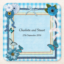 Posavasos Cuadrado De Papel Flores azules y mariposas