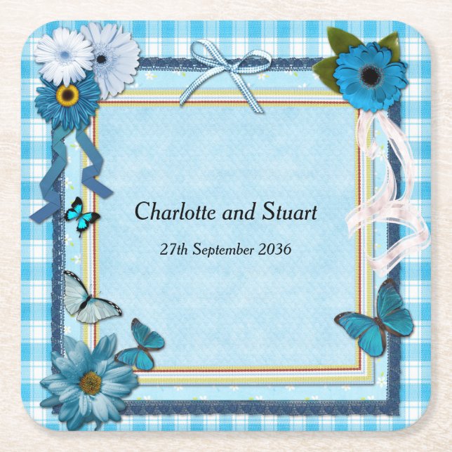 Posavasos Cuadrado De Papel Flores azules y mariposas (Anverso)