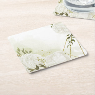 Posavasos Cuadrado De Papel flores blancas boho hojas verdes botánico