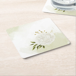 Posavasos Cuadrado De Papel Flores blancas boho hojas verdes botánico