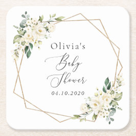 Posavasos Cuadrado De Papel Flores blancas, flores de crema, boho, Baby Shower