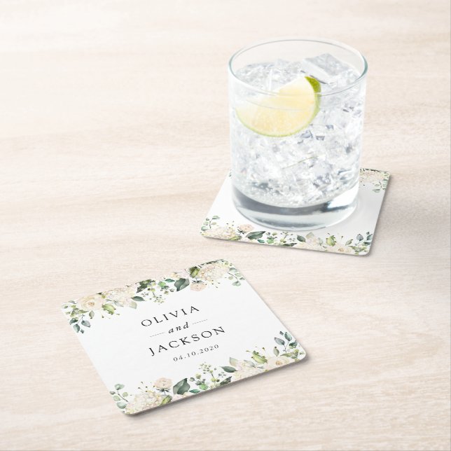 Posavasos Cuadrado De Papel Flores blancas, flores de crema, vegetación, Boda (In situ)