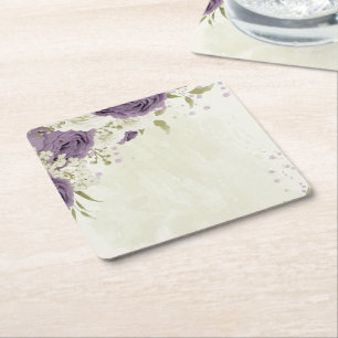 Posavasos Cuadrado De Papel flores blancas malva vegetación boda