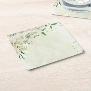 Posavasos Cuadrado De Papel Flores blancas marfil vegetación boda