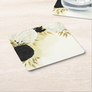 Posavasos Cuadrado De Papel flores blancas negras hojas doradas boda