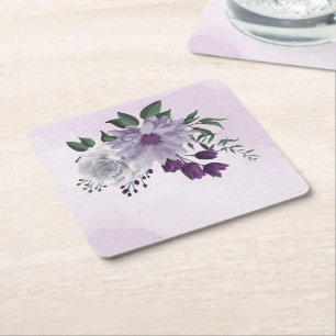 Posavasos Cuadrado De Papel flores blancas púrpura follaje