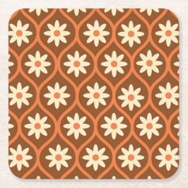 Posavasos Cuadrado De Papel Flores Blancas Retro sobre Ogee Vintage Marrón