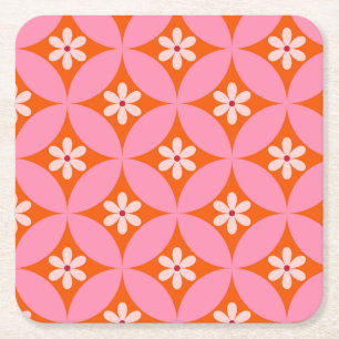 Posavasos Cuadrado De Papel Flores blancas sobre patrón de círculos rosados de