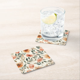 Posavasos Cuadrado De Papel Flores Botánicas de Acuarela Naranja Pintura