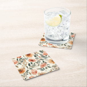 Posavasos Cuadrado De Papel Flores Botánicas de Acuarela Naranja Pintura