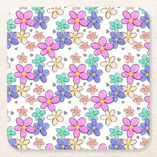 Posavasos Cuadrado De Papel flores brillantes arcoíris coloridas abejas floral