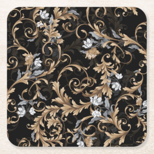 Posavasos Cuadrado De Papel Flores clásicas barrocas: fondo negro.