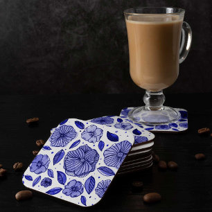 Posavasos Cuadrado De Papel Flores color agua y tinta - paleta azul