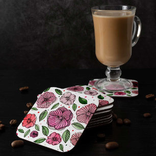 Posavasos Cuadrado De Papel Flores color agua y tinta - rosa y verde