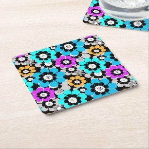 Posavasos Cuadrado De Papel Flores coloridas margaritas Azul Turquesa Purpura