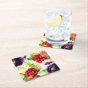Posavasos Cuadrado De Papel Flores de acuarela grandes de estilo vintage