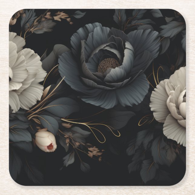Posavasos Cuadrado De Papel Flores de blanco y negro (Anverso)