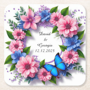 Posavasos Cuadrado De Papel Flores de Boda Marco Circular