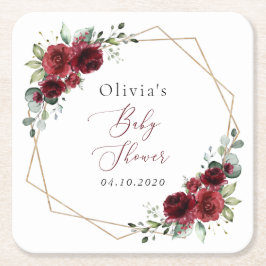 Posavasos Cuadrado De Papel Flores de Borgoña, flores rojas, Baby Shower