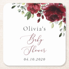Posavasos Cuadrado De Papel Flores de Borgoña, Flores Rojas, Boho, Baby Shower