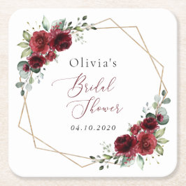 Posavasos Cuadrado De Papel Flores de Borgoña, flores rojas, ducha de novia