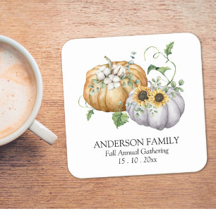 Posavasos Cuadrado De Papel Flores de calabaza de otoño, girasoles y algodón