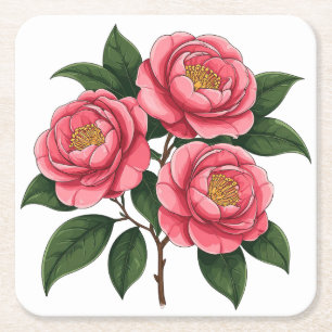 Posavasos Cuadrado De Papel Flores de Camelia Rosadas en Flor con Hojas Verdes