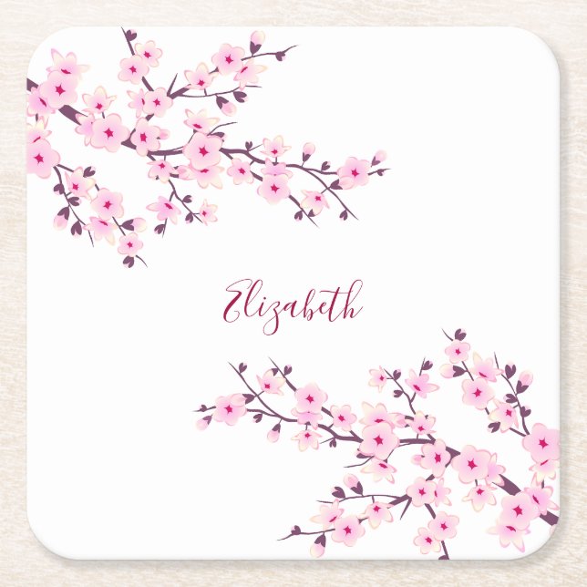 Posavasos Cuadrado De Papel Flores de cerezo Flores Monograma Blanco Rosa (Anverso)