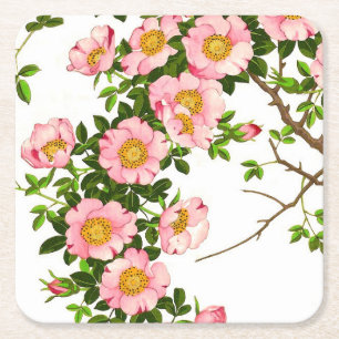 Posavasos Cuadrado De Papel Flores de cerezo japonesas vintage, rosa y oro