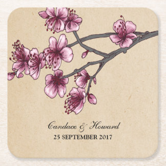 Posavasos Cuadrado De Papel Flores de cerezo rosa Vintage