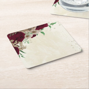Posavasos Cuadrado De Papel flores de champán de Borgoña boda