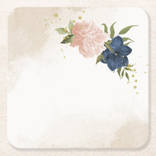Posavasos Cuadrado De Papel flores de color azul marino hojas verdes boda