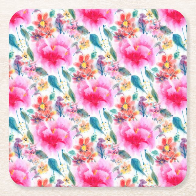 Posavasos Cuadrado De Papel Flores de color claro (Anverso)