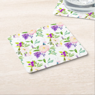 Posavasos Cuadrado De Papel Flores de color de agua delgadas   Peonies y Wiste